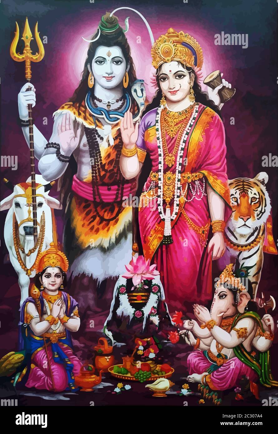 hinduism lord shiva spiritual ox tiger  Saraswati illustration ganesha holy  snake Stock Photo