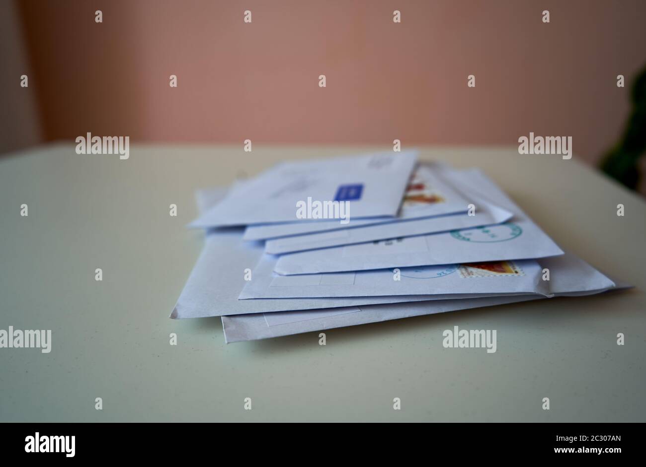 Pile of envelopes on the table Stock Photo