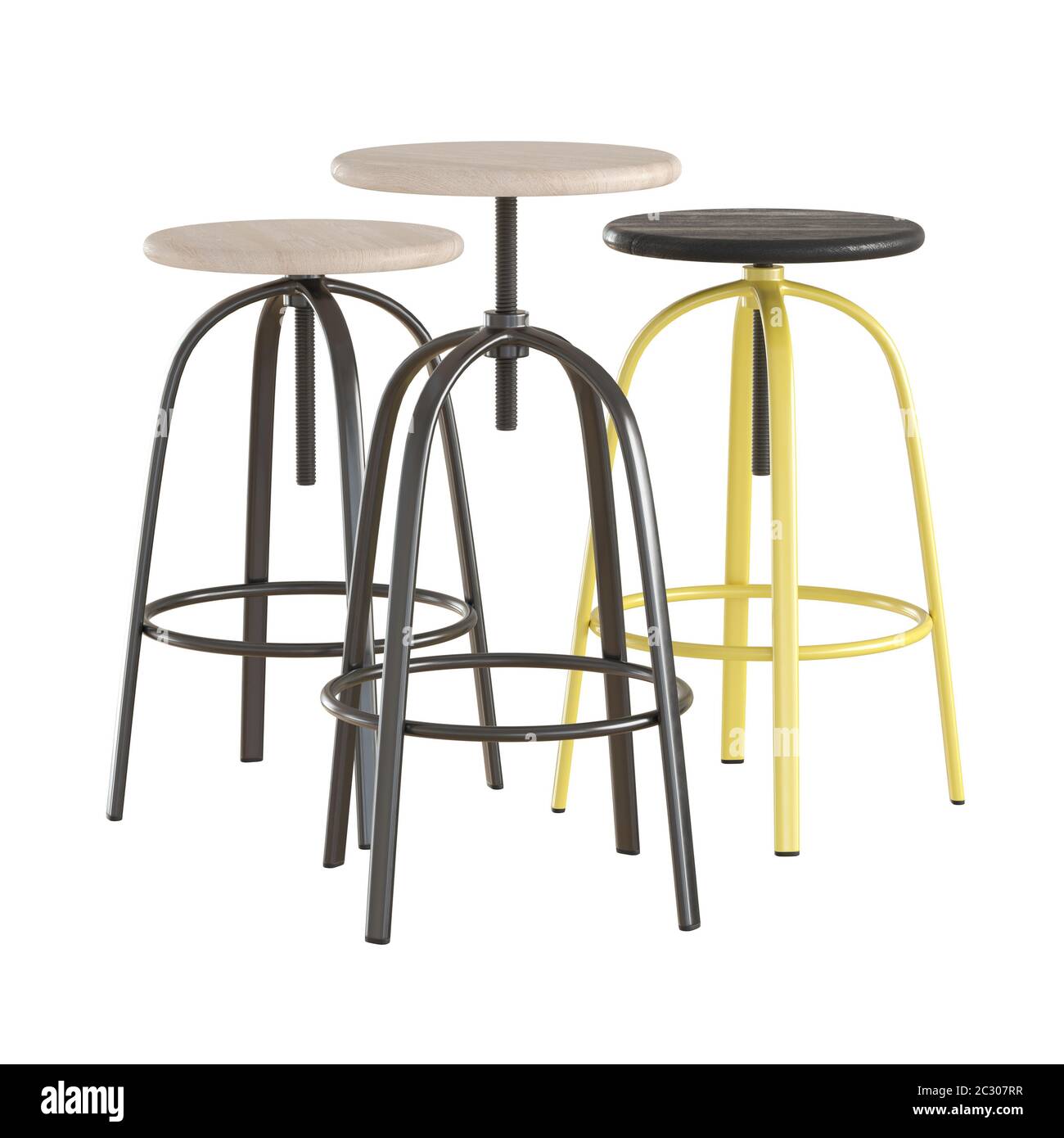 Three round bar stools with thin metal legs on an isolated background. 3D rendering Stock Photo