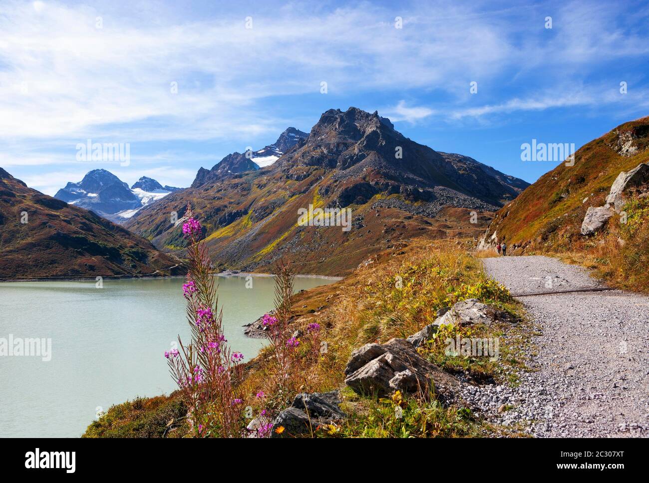 Hiking trail around the lake, Bielerhoehe, Silvrettasee, Silvretta reservoir, Silvretta Group, Vorarlberg, Austria Stock Photo