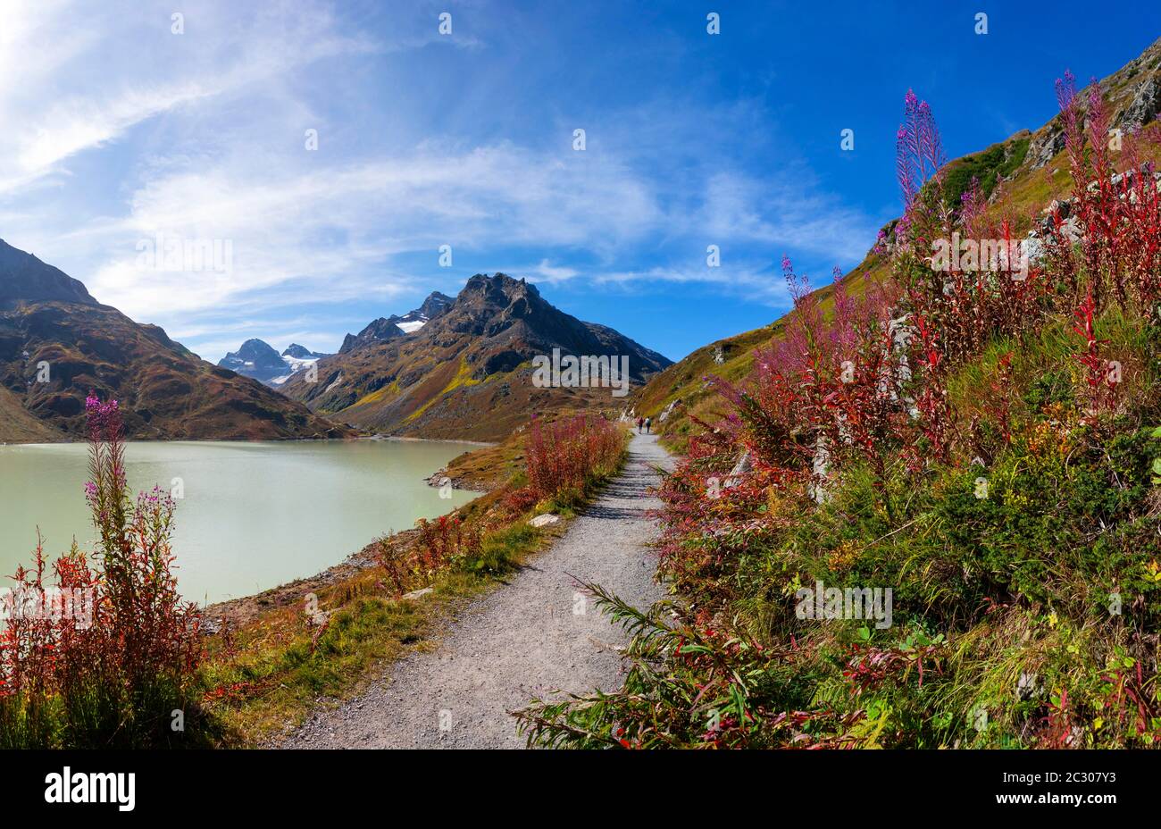 Hiking trail around the lake, Bielerhoehe, Silvrettasee, Silvretta reservoir, Silvretta Group, Vorarlberg, Austria Stock Photo