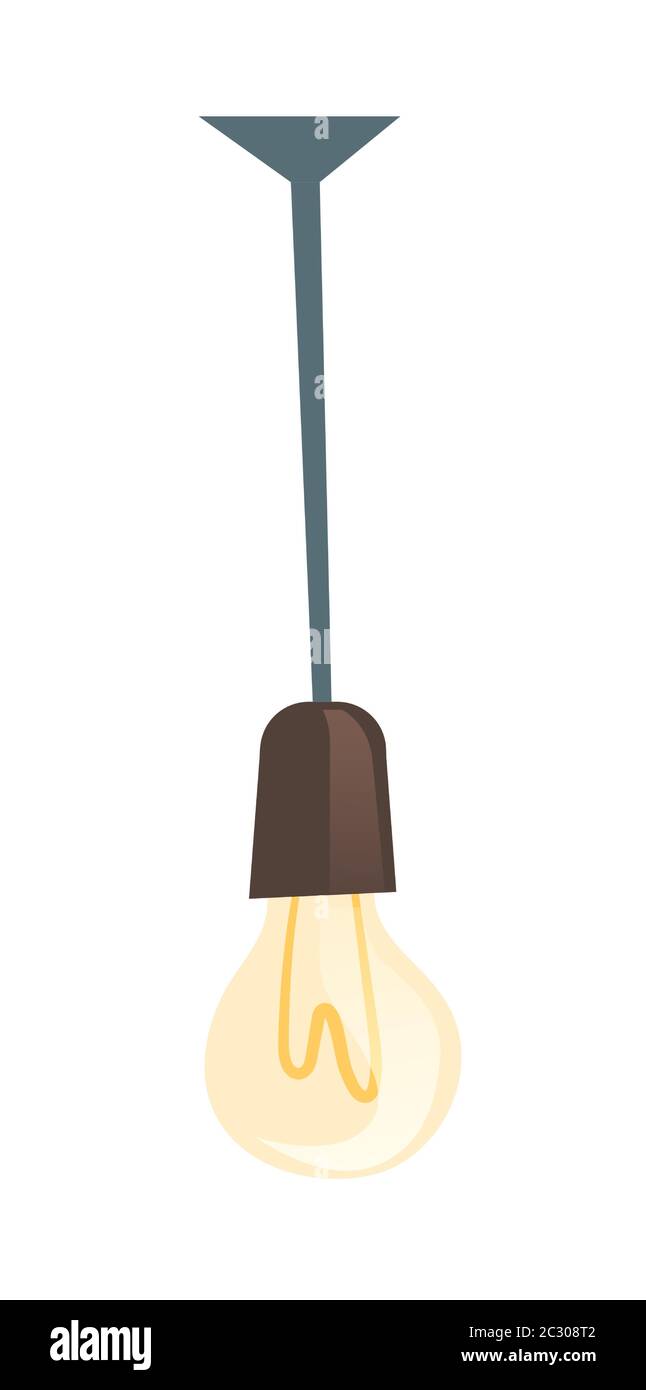 Glowing light bulb, electric lamp hanging on wire from ceiling. Vector cartoon icon of glass incandescent lightbulb with filament isolated on white ba Stock Vector