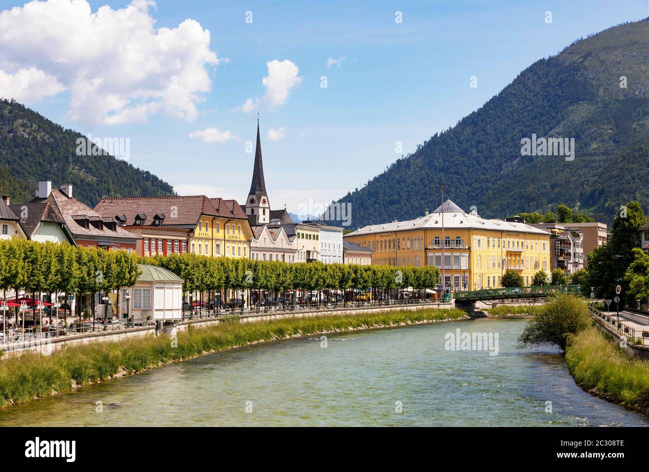 City view of Bad Ischl with river Traun, Esplanade with Cafe Zauner, Salzkammergut, Upper Austria, Austria Stock Photo