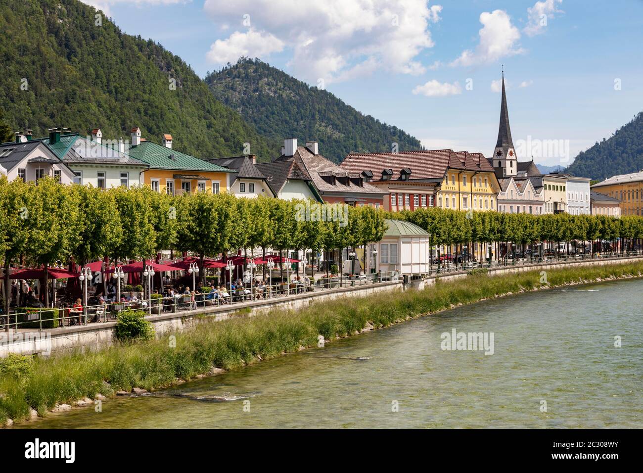City view of Bad Ischl with river Traun, Esplanade with Cafe Zauner, Salzkammergut, Upper Austria, Austria Stock Photo