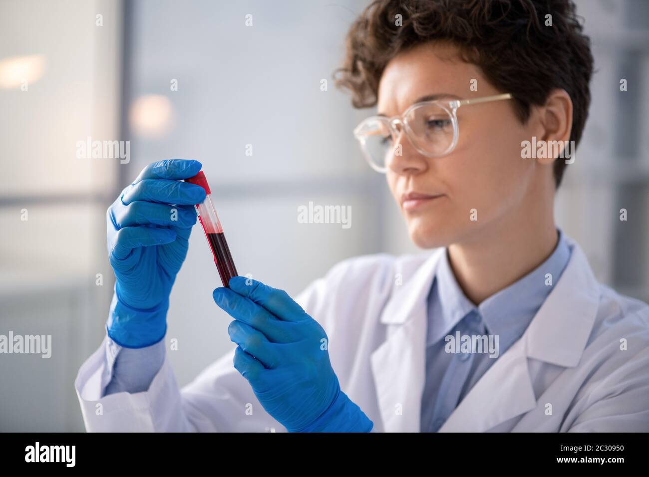 Busy female lab worker in latex gloves analyzing color of blood sample ...