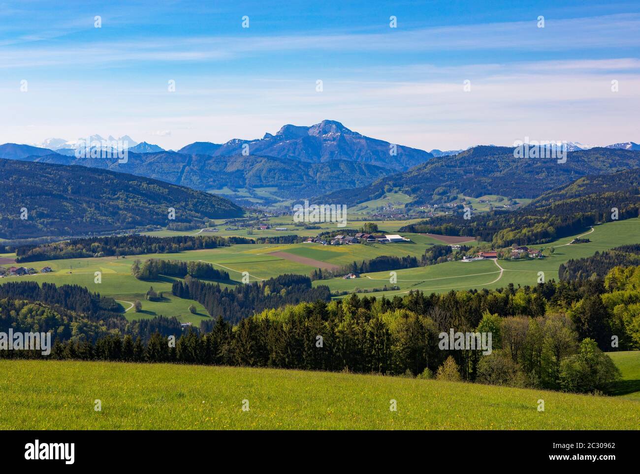 Panoramic view from Lichtenberg, view of Oberwang and Schafberg, Sankt Georgen im Attergau, Upper Austria, Austria Stock Photo