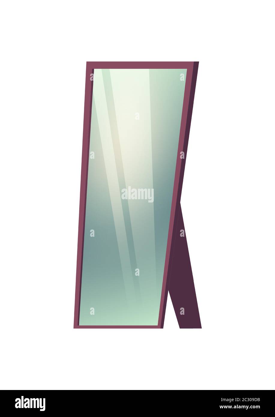 Standing floor mirror isolated on white background. Vector cartoon illustration of full length rectrangle mirror with purple frame and glass surface f Stock Vector