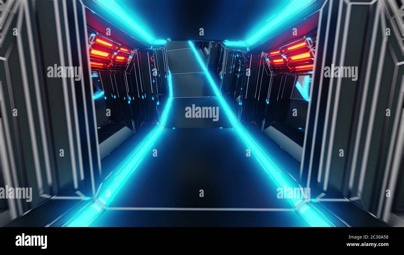 futuristic scifi tunnel corridor 3d illustration with glowing lights ...