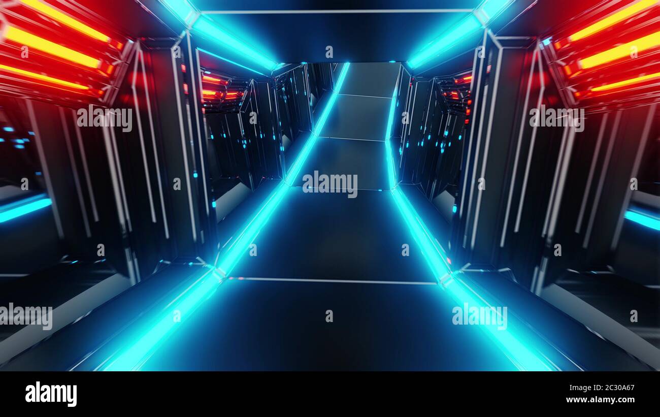 futuristic scifi tunnel corridor 3d illustration with glowing lights ...