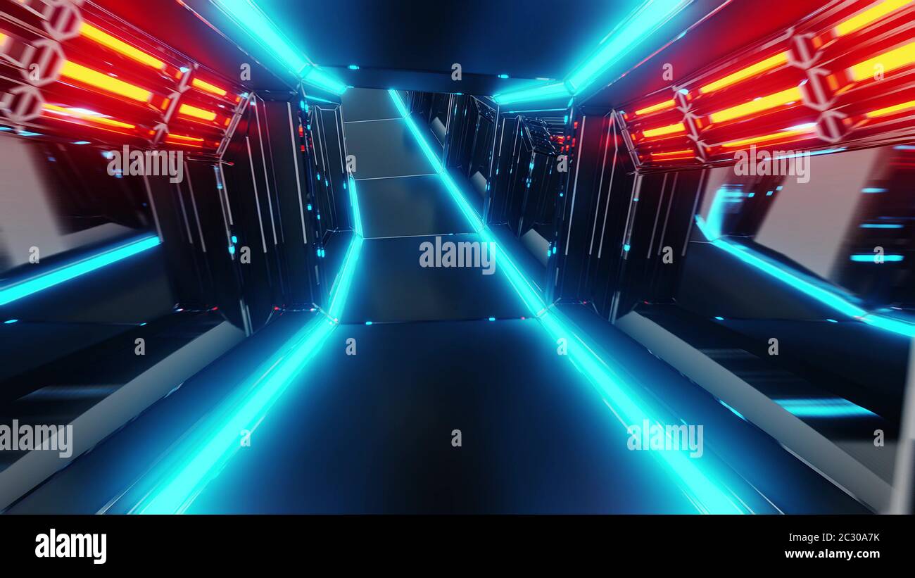 futuristic scifi tunnel corridor 3d illustration with glowing lights ...