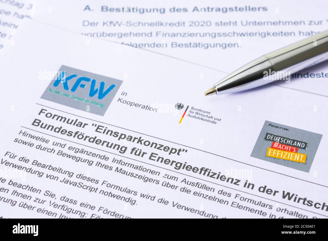 KfW-Foerderbank application forms, Savings Concept form Federal Promotion of Energy Efficiency in the Economy, Germany Stock Photo