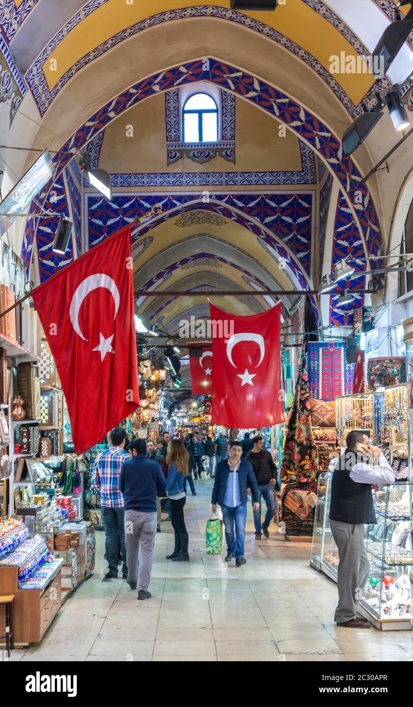 Turkish flags in the market hall, Kapali Carsi, Grand Bazaar, Fatih, Istanbul, Turkey Stock