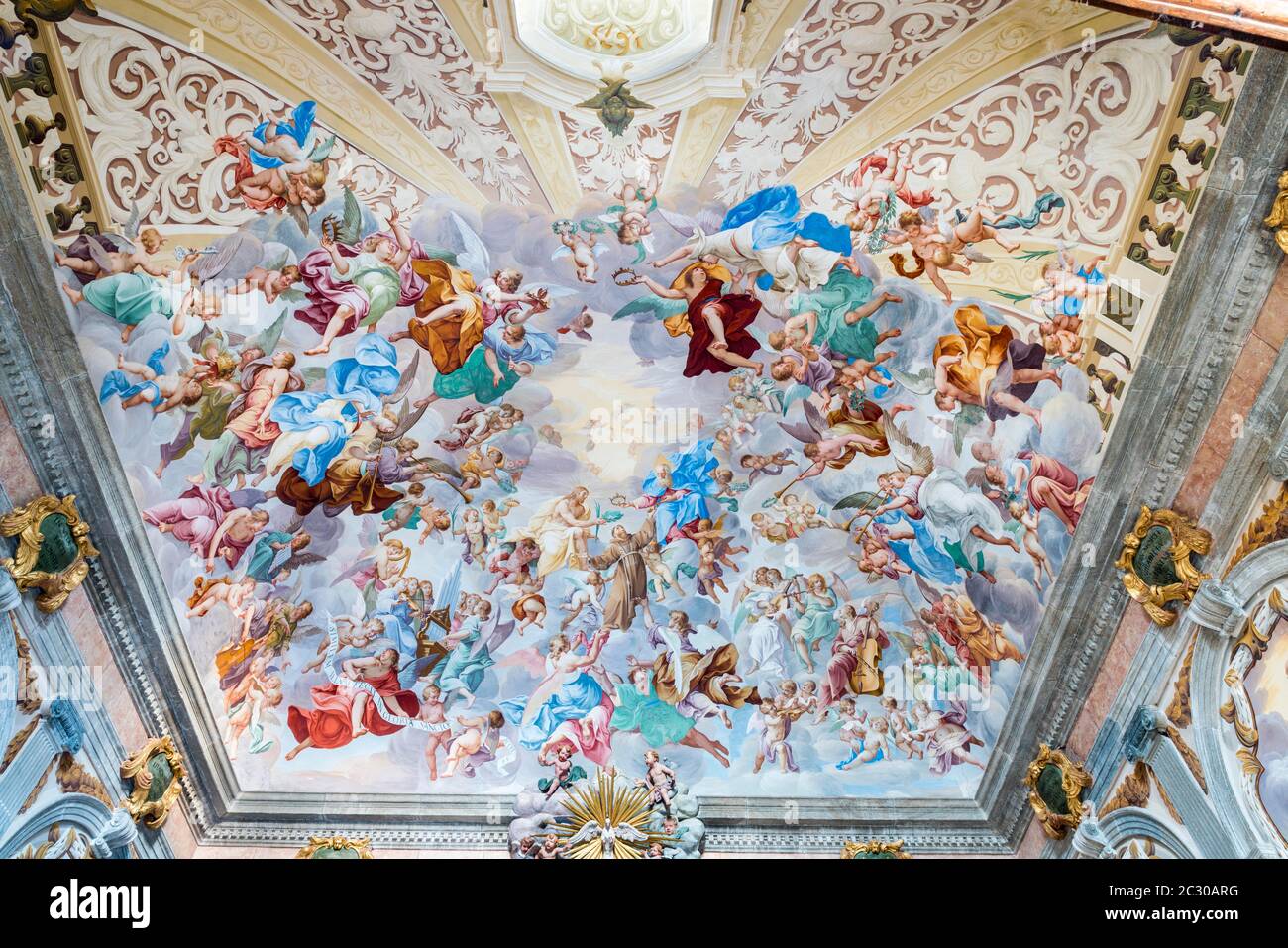 Ceiling fresco, St. Francis of Assisi is received by God the Father and Christ in Heaven, Chapel XX at the Sacro Monte di Orta, Baroque, UNESCO World Stock Photo