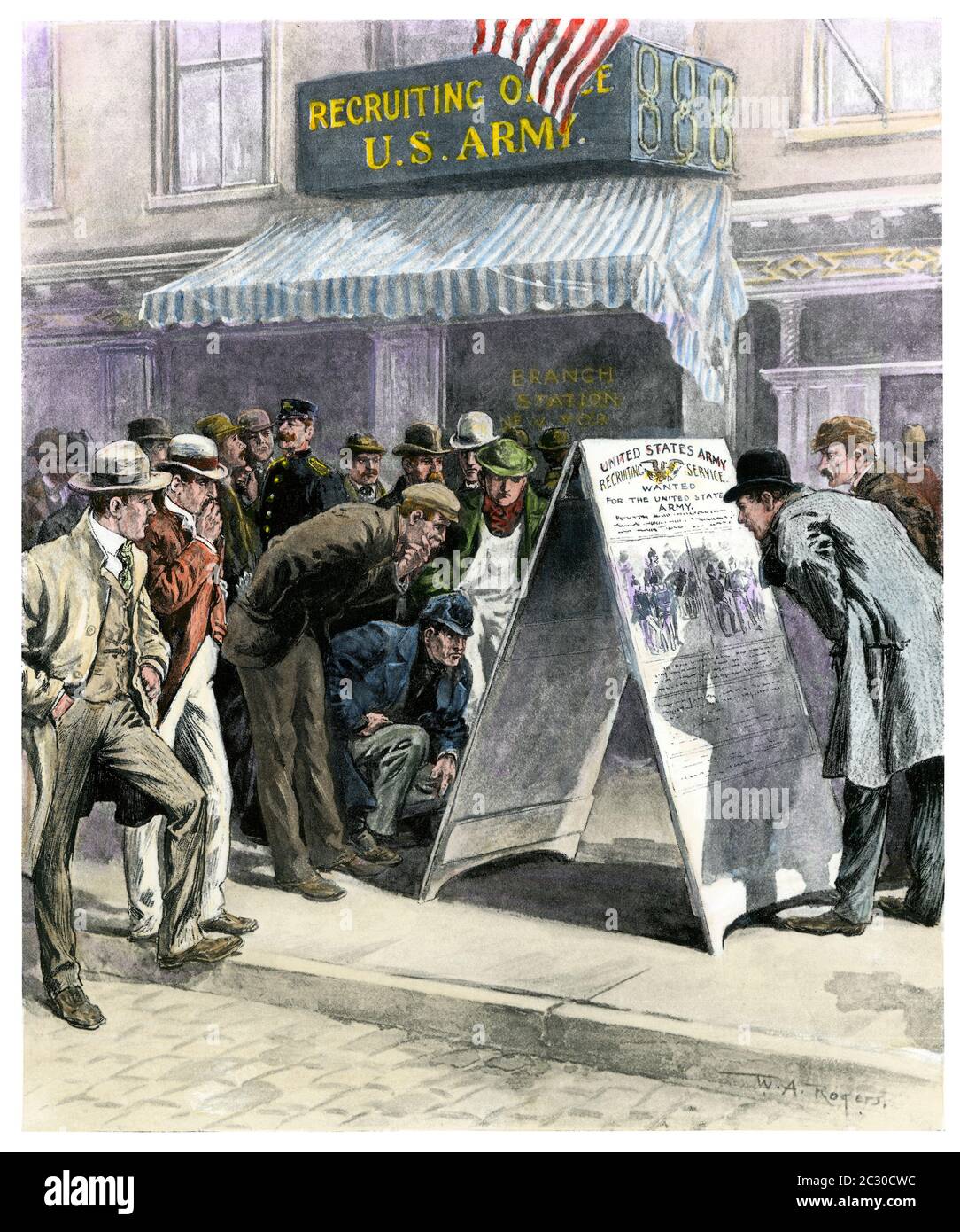 US Army recruiting station in New York City, Spanish-American War, 1898. Hand-colored halftone of a W.A. Rogers illustration Stock Photo