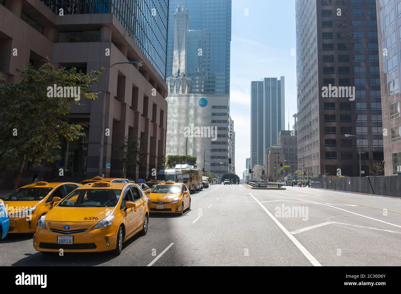 Yellow taxis, S Grand Ave, corner of W 4th St, downtown Los Angeles