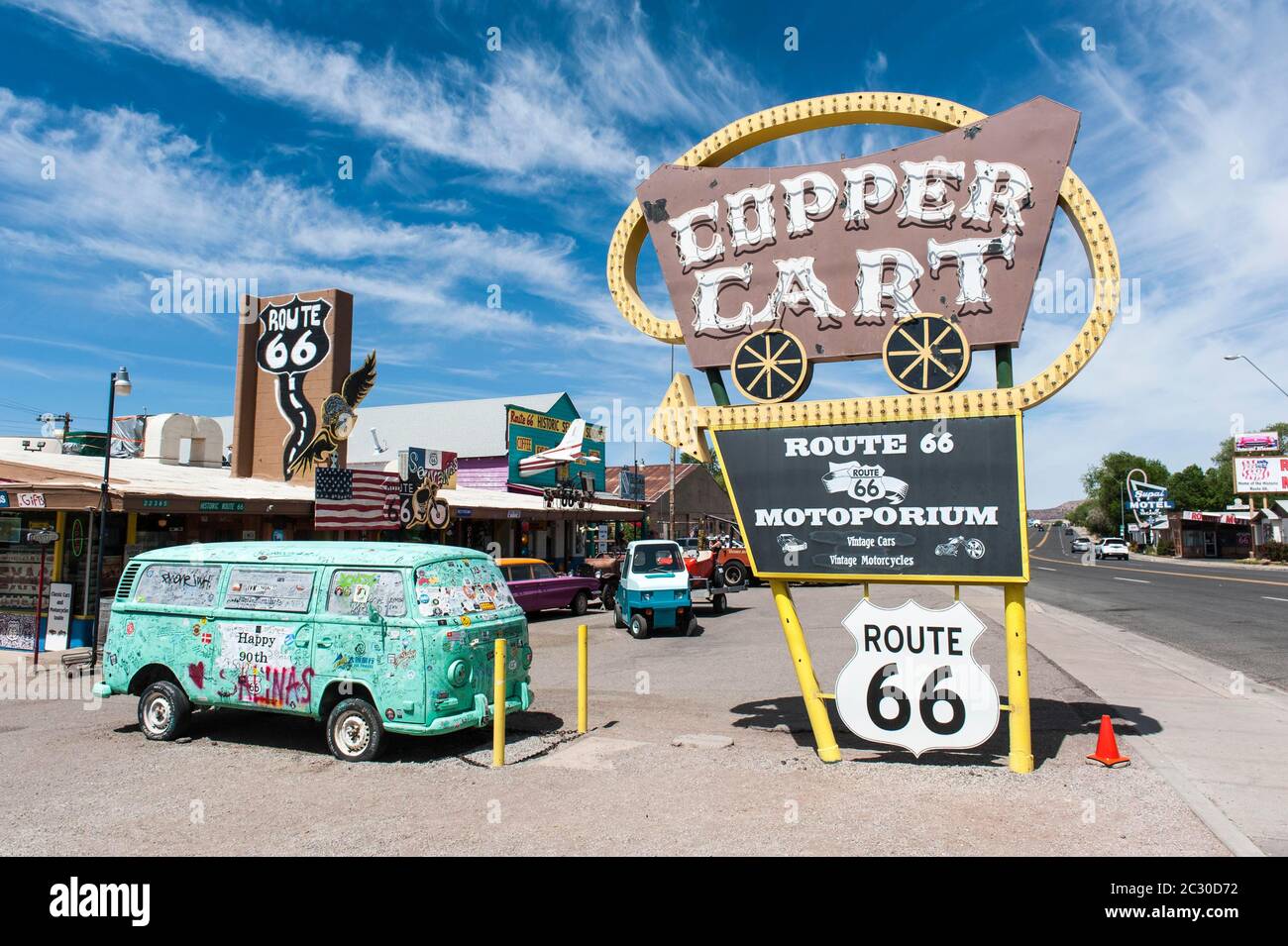 Old sign Copper Cart, old VW bus classic car, Historic Route 66