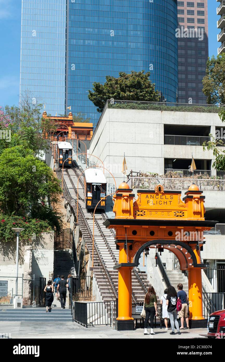 Historic funicular railway Angels Flight with both cars in operation, Bunker Hill, Downtown Los Angeles, Los Angeles, California, USA Stock Photo