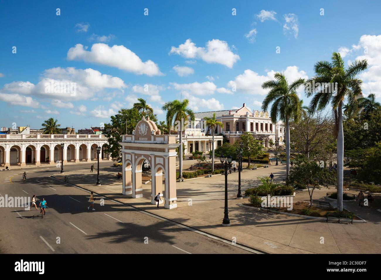 Porticoed Neoclassical buildings frame the Parque Jose Marti, Cienfuegos, Cuba Stock Photo