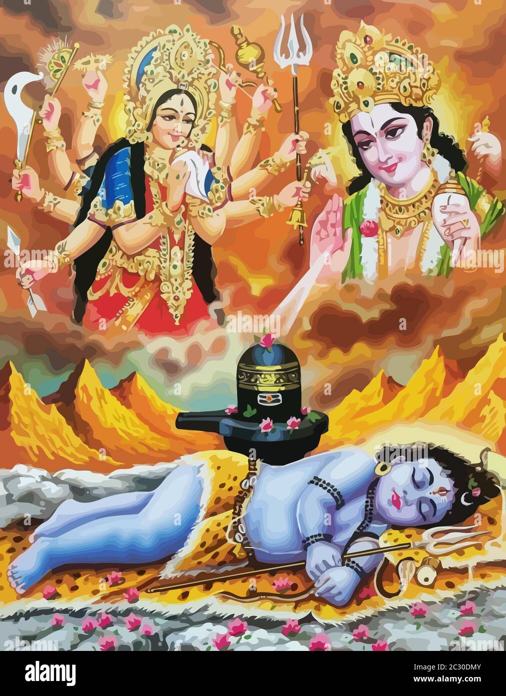 lord Surya and Durga baby Krishna mythology hinduism illustration ...