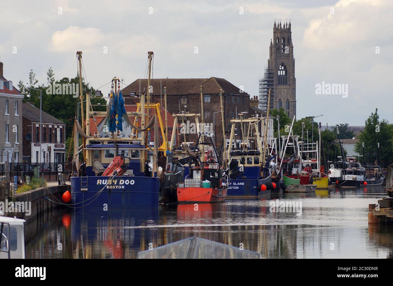 Fishing boats moored on the river Haven (Witham) on High St. Stock Photo