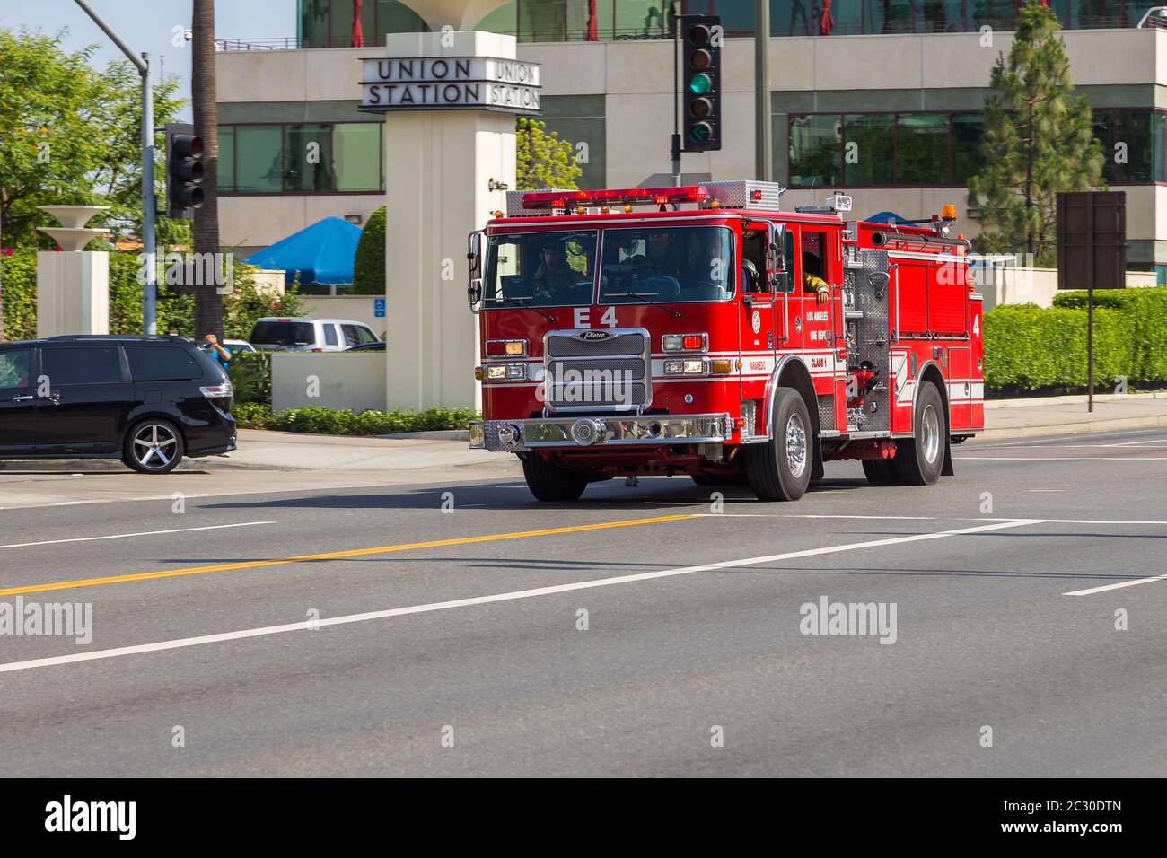 Los Angeles, California, USA- 11 June 2015: Fire brigade car on streets, Los Angeles Fire Dept. Stock Photo