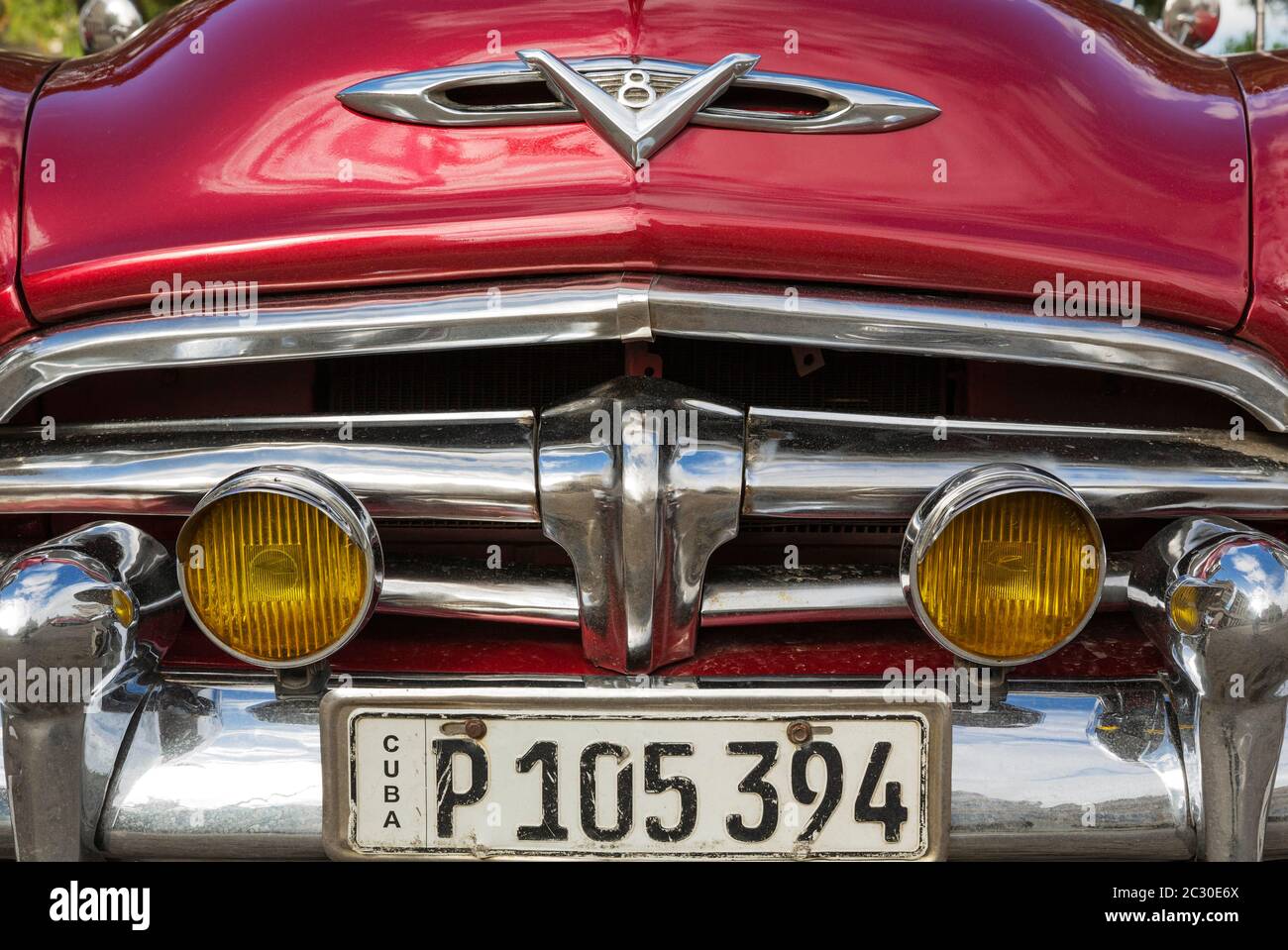 US classic cars from the 1950s can be rented for tourist city tours, here a detail of a Dodge from 1954, Havana, Cuba Stock Photo