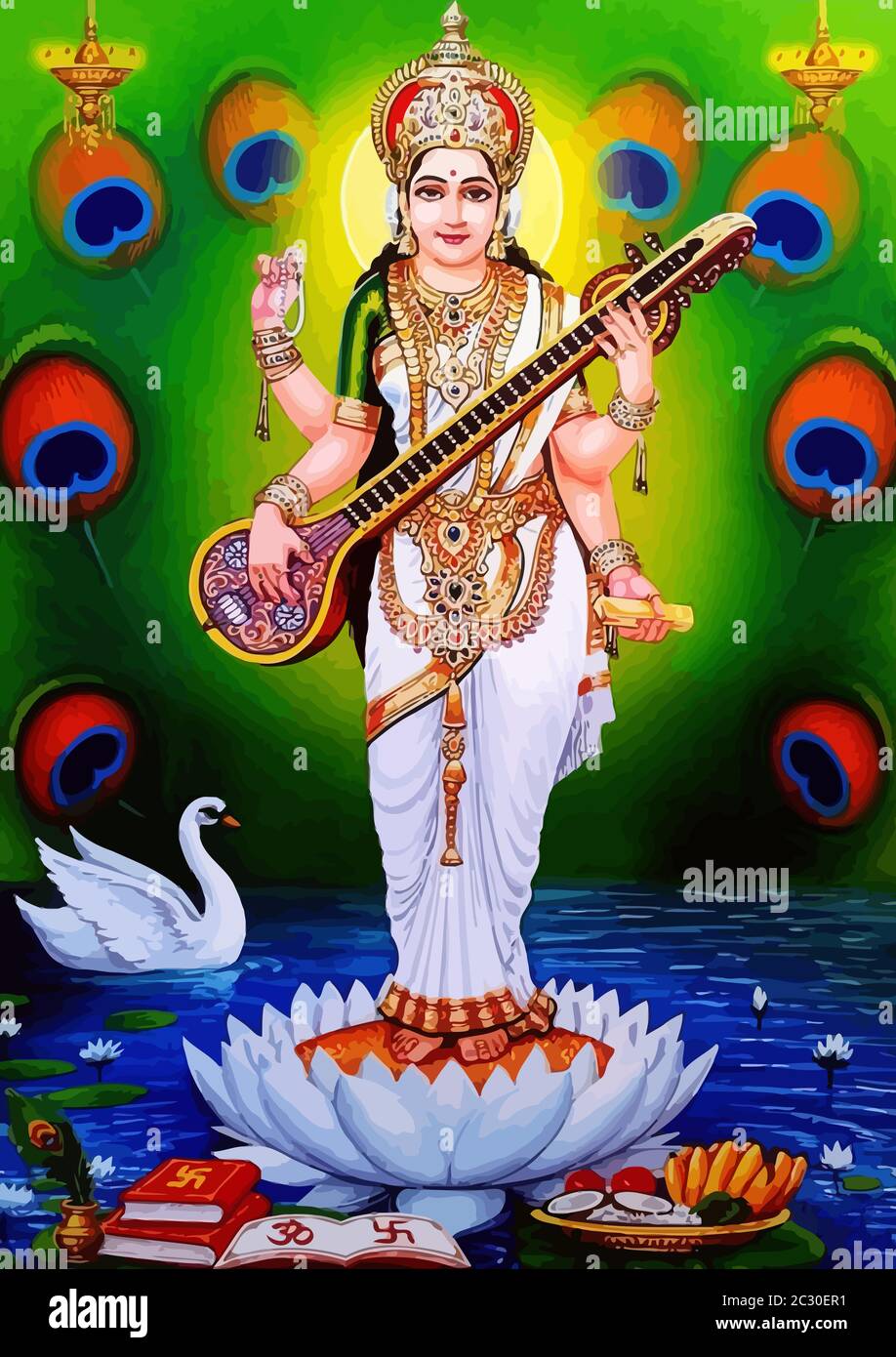 hinduism god Saraswati spiritual swan play veena white lotus holy ...