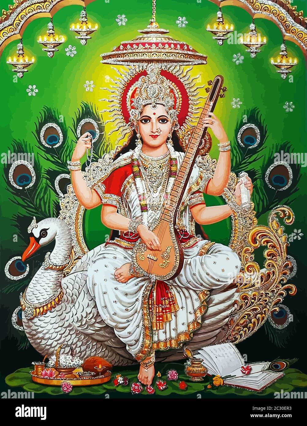 hinduism god Saraswati spiritual swan play veena holy green ...