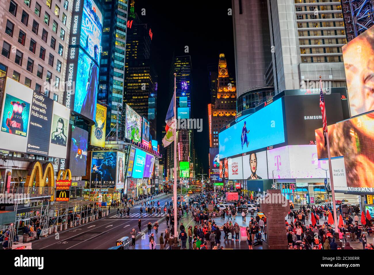 Times Square at night, Father Francis D. Duffy Statue and Duffy Square, Midtown Manhattan, New York City, New York State, USA Stock Photo