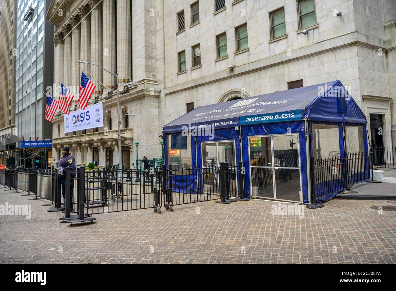 Secured building of the New York Stock Exchange, NYSE, Wall Street, Financial District, Manhattan, New York City, New York State, USA Stock Photo