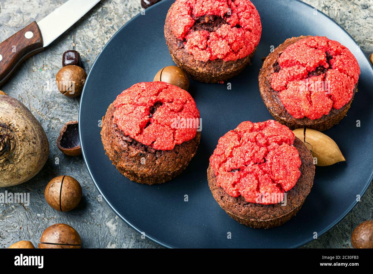 Dietary beetroot muffins with chocolate and nuts.Vegetarian food Stock