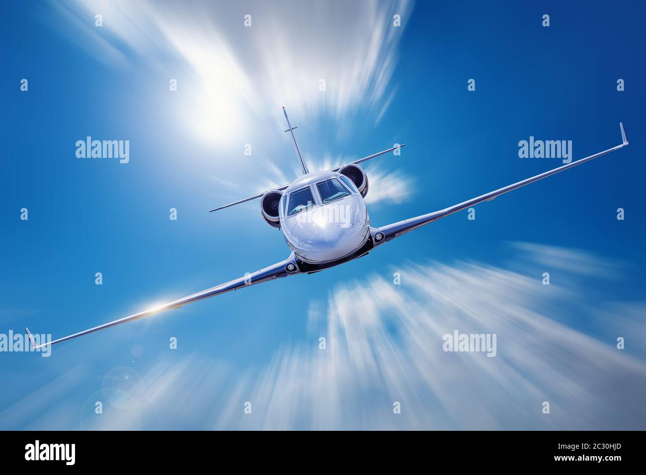 private jet with high speed in the sky Stock Photo