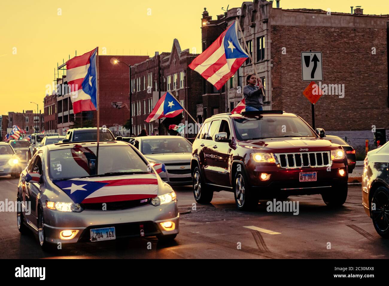 Chicago, USAJune 14, 2020 Hundreds of cars form a caravan in the