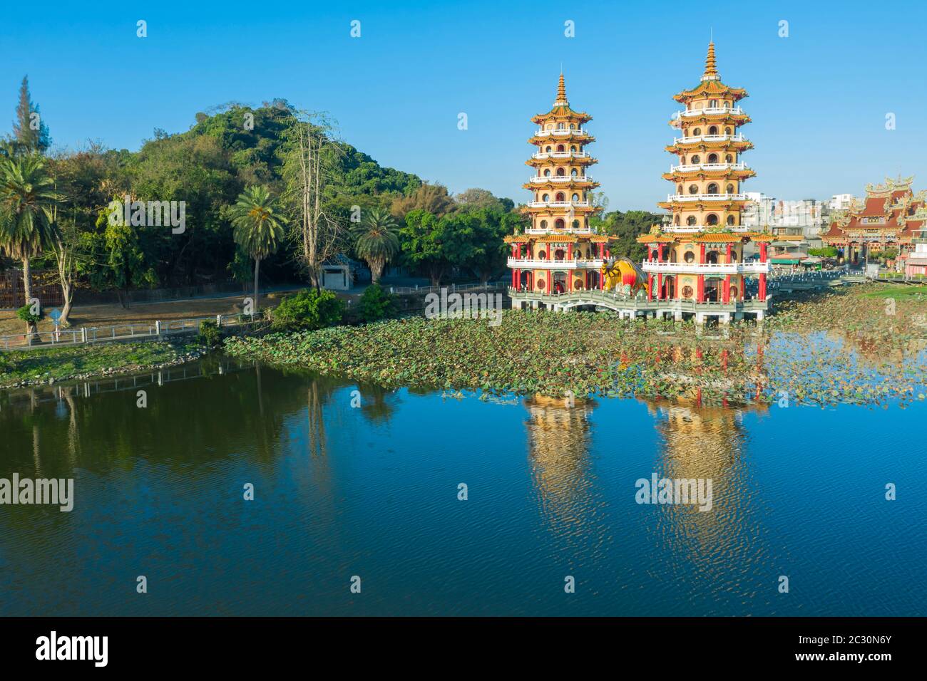Aerial view Lotus Pond's Dragon and Tiger Pagodas at morning . kaohsiung city. Taiwan Stock Photo