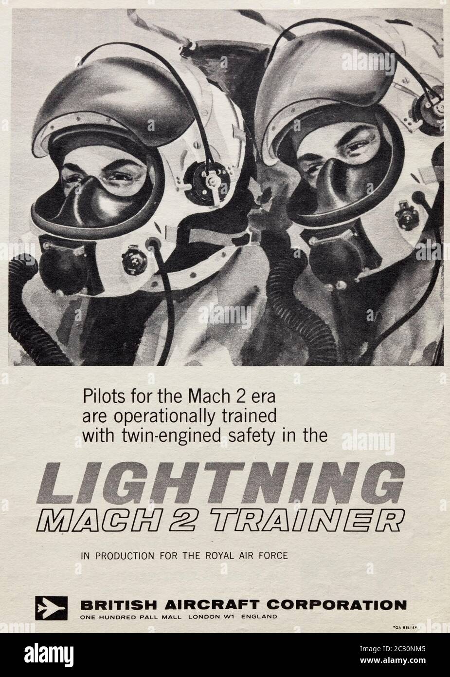 Vintage advertisement for the British English Electric / BAC Lightning Trainer supersonic interceptor aircraft. Stock Photo
