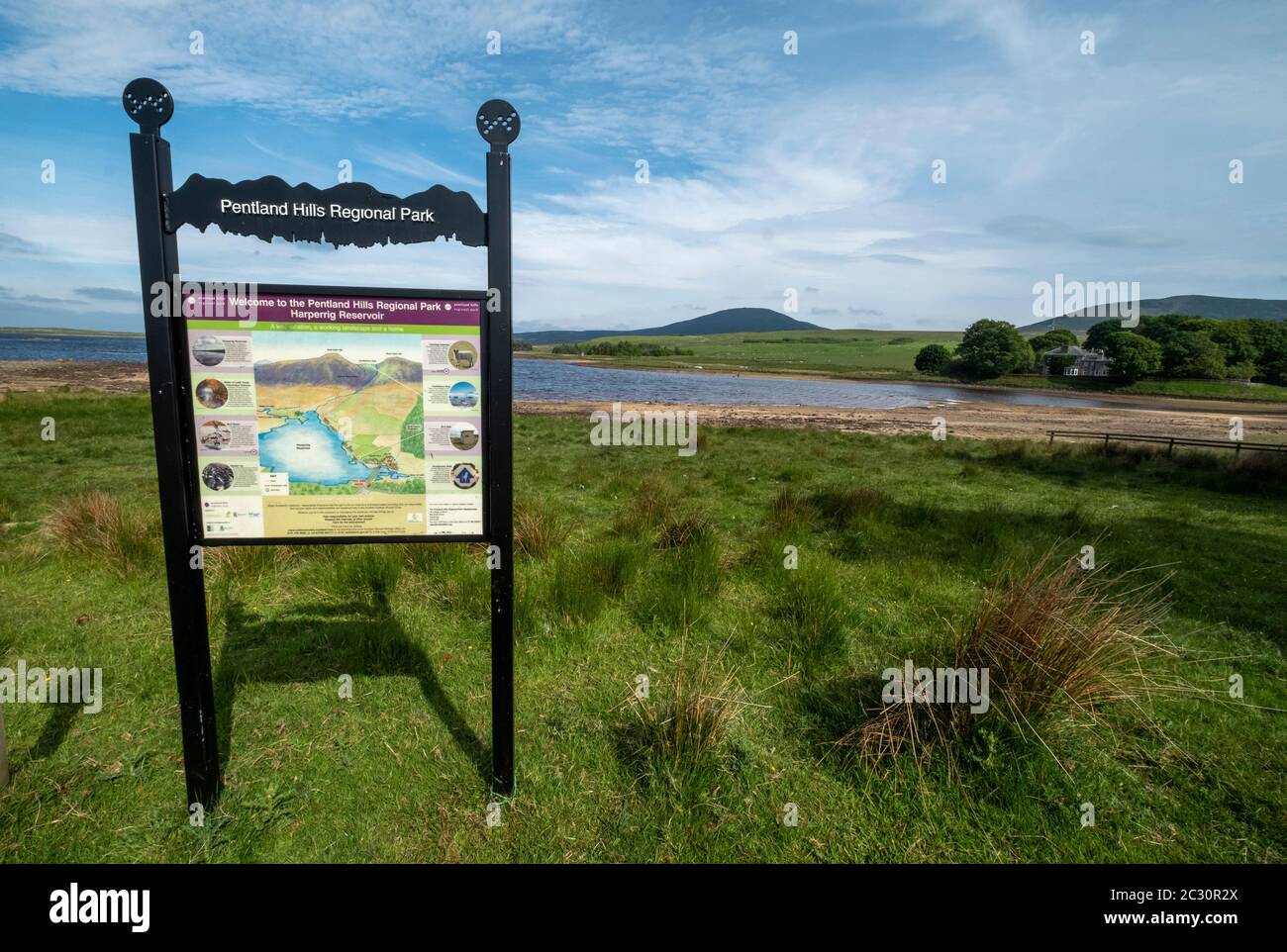 Information sign at Harperrigg Reservoir, West Lothian part of the Pentland Hills Regional Park. Stock Photo