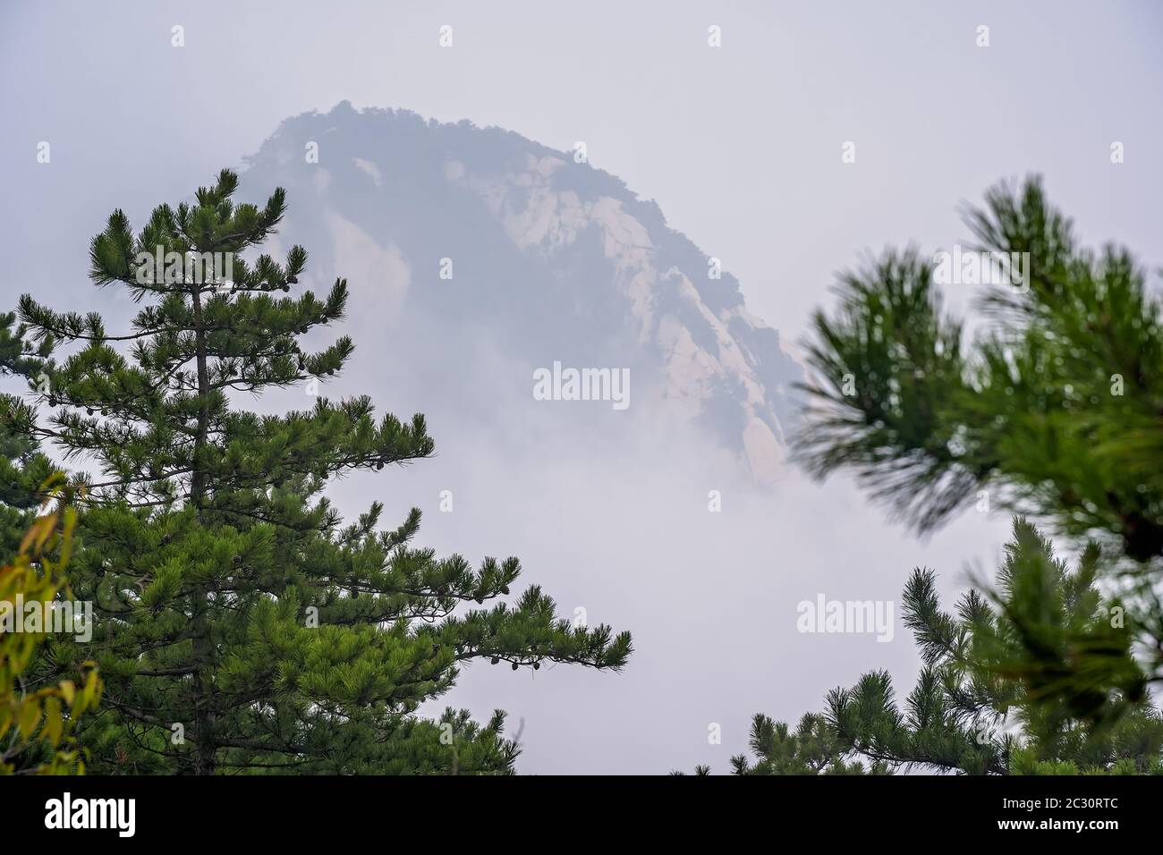 View of the peak covered in fog as seen from the trail to the North Peak summit of the inspiring, sacred and majestic Huashan mountain, famous tourist Stock Photo