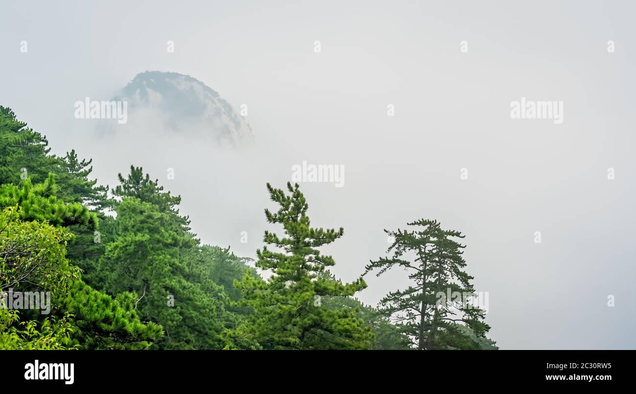 Panoramic view from the trail to the South Peak summit of the inspiring, sacred and majestic Huashan mountain, famous tourist attraction, Shaanxi prov Stock Photo