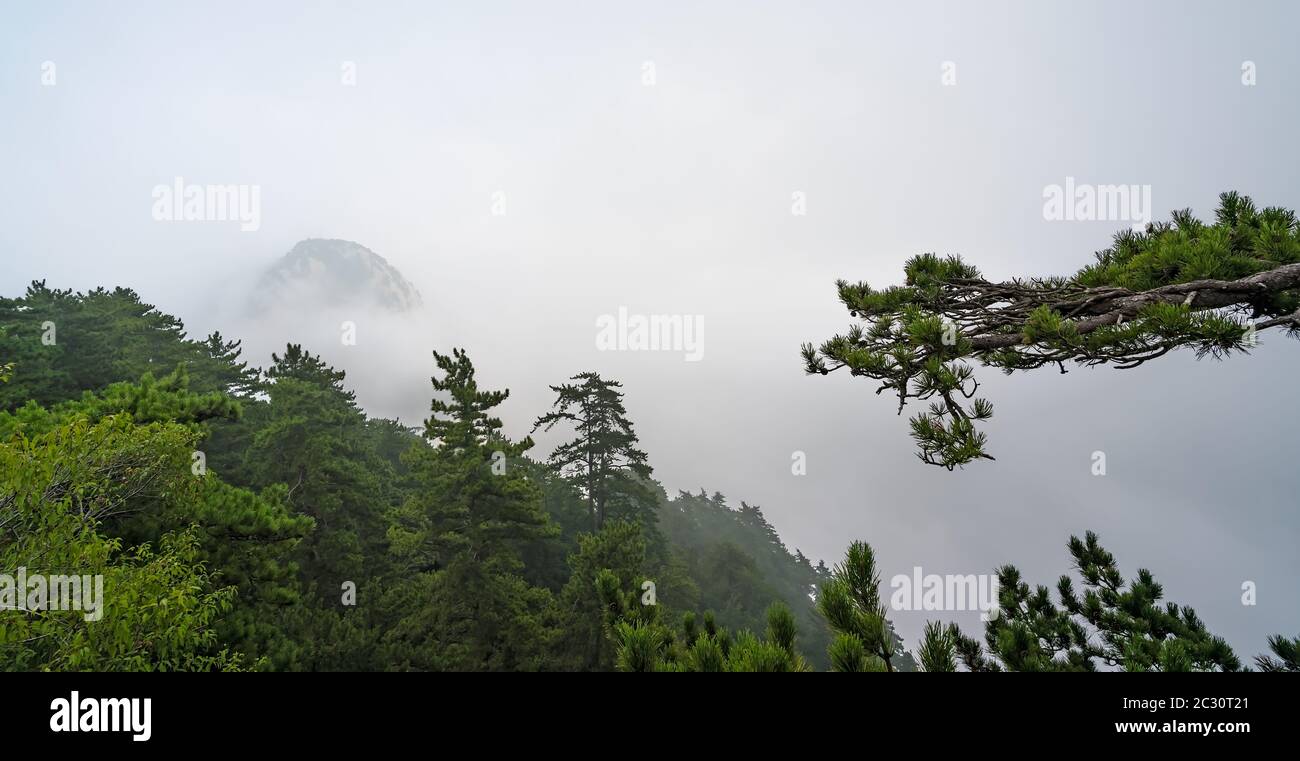 Panoramic view from the trail to the South Peak summit of the inspiring, sacred and majestic Huashan mountain, famous tourist attraction, Shaanxi prov Stock Photo