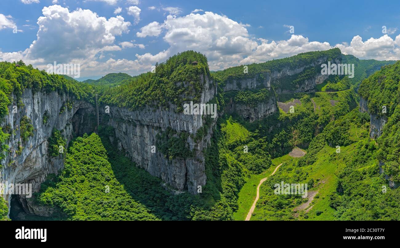 Panorama of the valley and karst limestone rock formations in