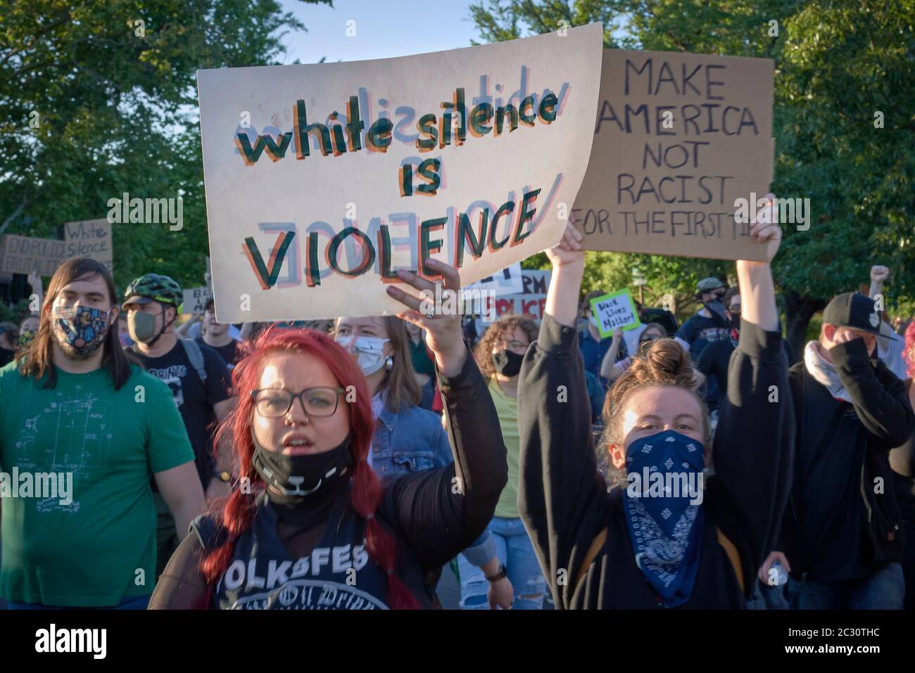 Participants in a Black Lives Matter protest in Eugene, Oregon. Participants were protesting the murder of George Floyd and other African-Americans. Stock Photo