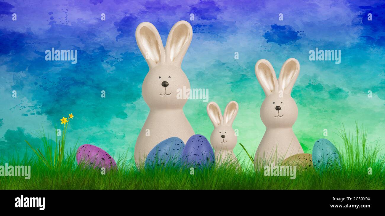 a colorful easter background with three bunnies and easter eggs Stock Photo