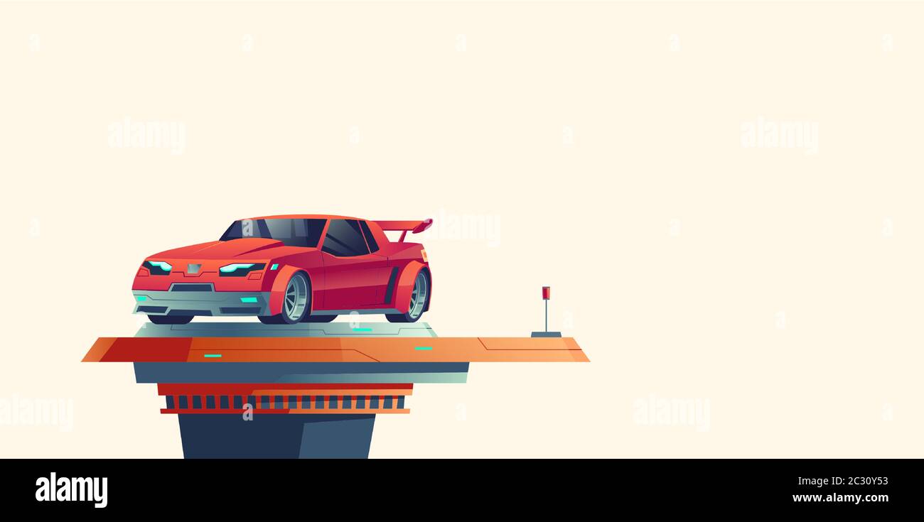 Red sport car on futuristic extendable platform isolated on background. Vector cartoon illustration of supercar standing on top of automatic podium. F Stock Vector