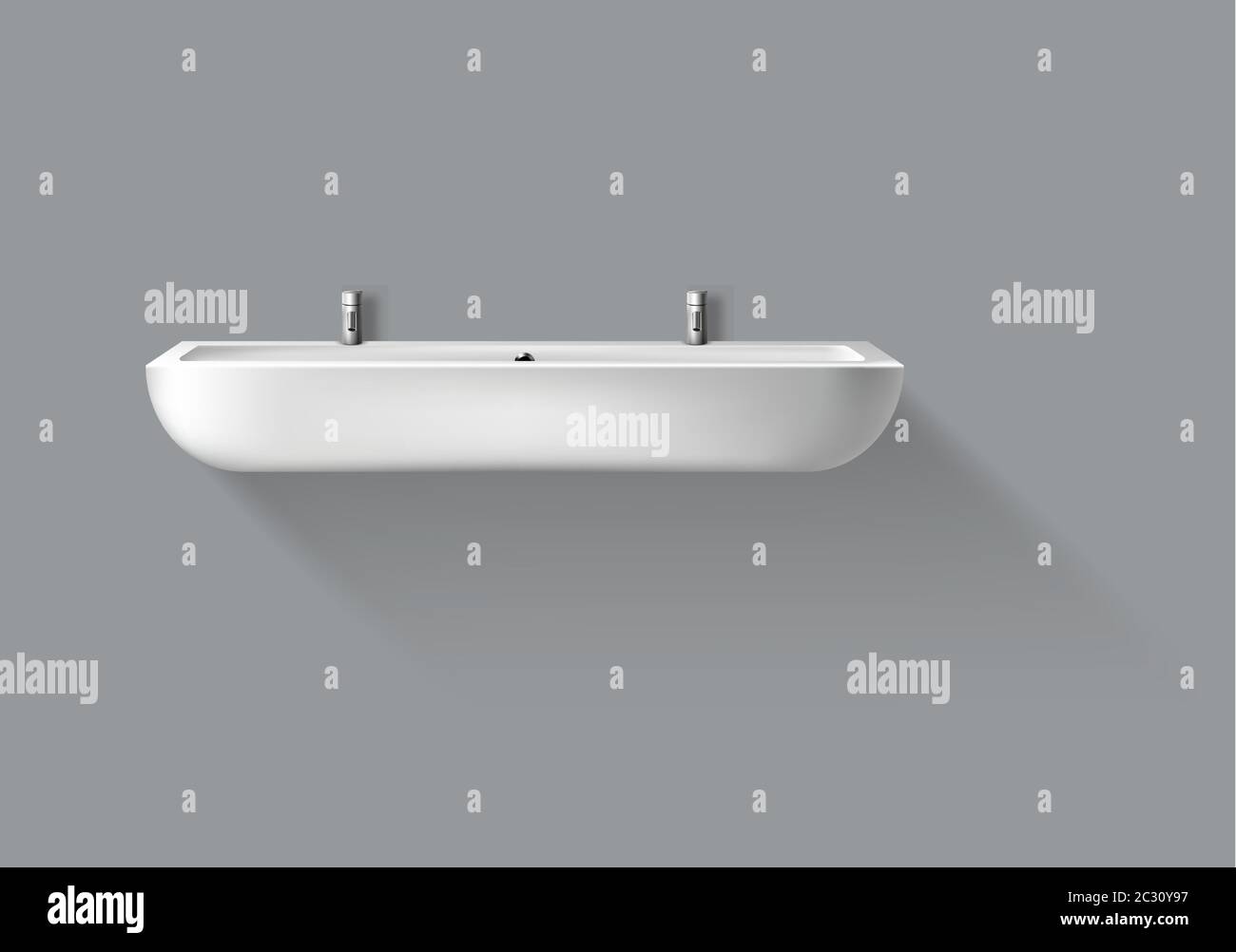 Long washbasin with taps for bathroom, public restroom, modern WC. Vector realistic white ceramic sink with faucet hangs on wall in washroom isolated Stock Vector