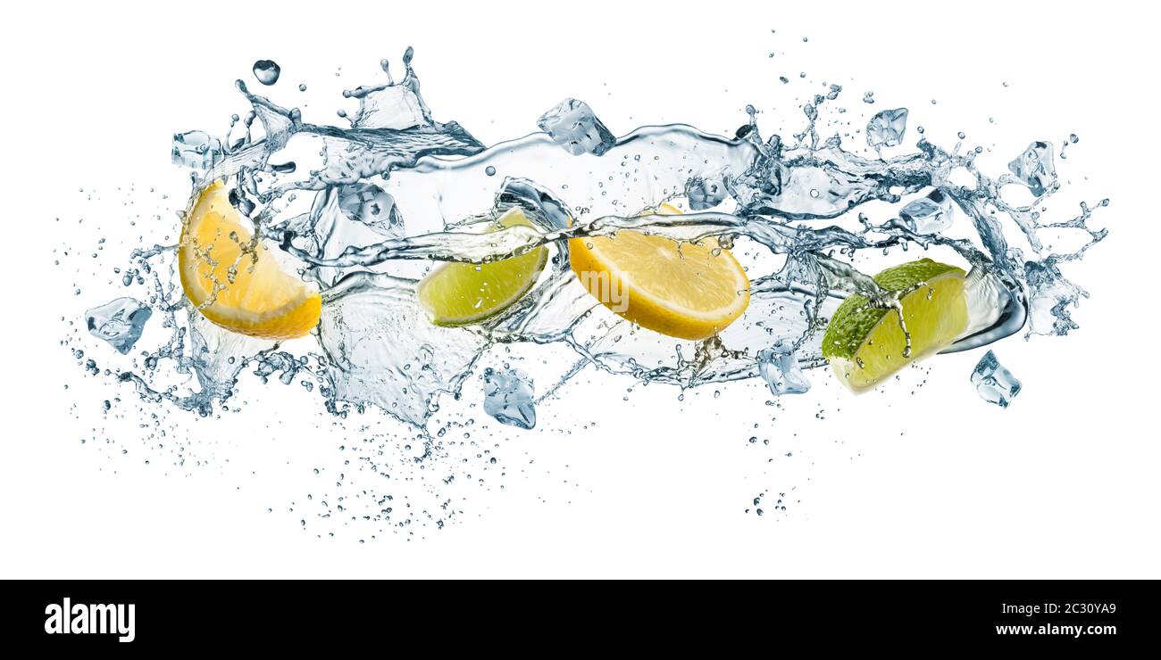 splashing of water waves with lemon slices and ice cubes, isolated on white Stock Photo
