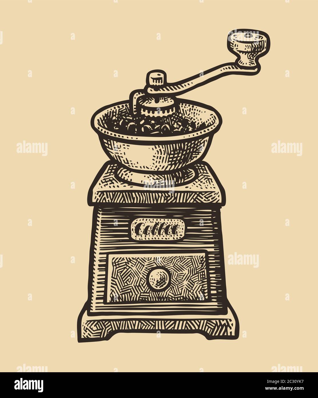 Coffee grinder sketch. Vintage vector illustration. Menu design for cafe and restaurant Stock Vector