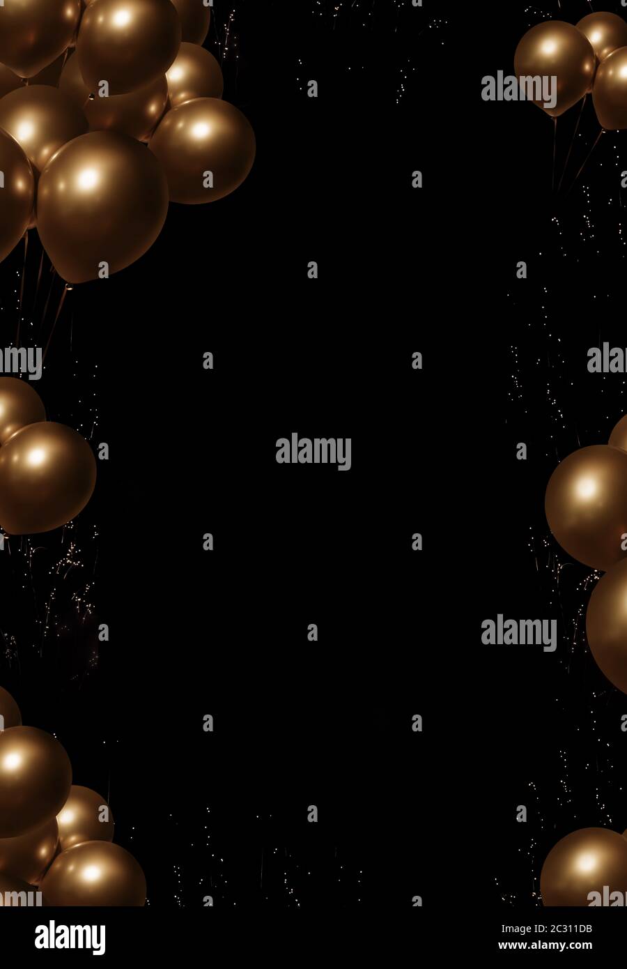 Golden luxury balloons on dark night sky with fireworks and place for celebratory text Stock Photo