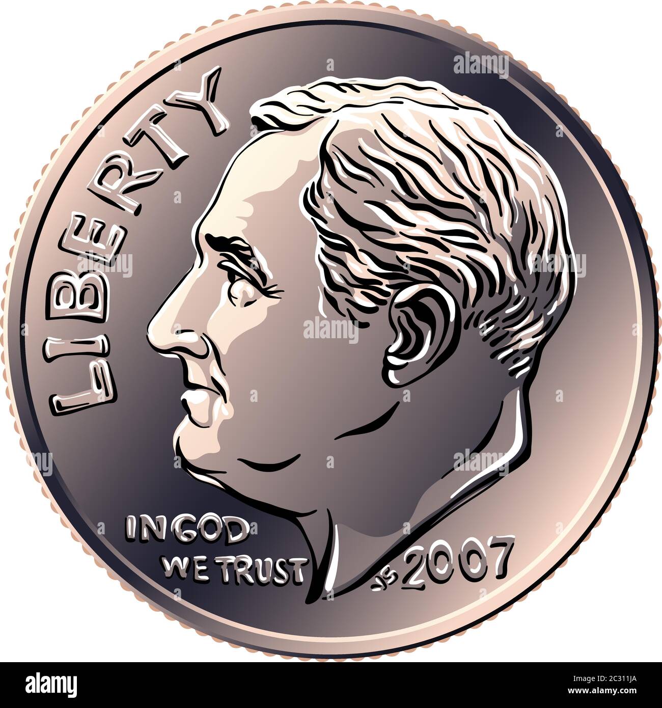 American money Roosevelt dime, United States one dime or 10-cent silver coin with President Franklin D Roosevelt on obverse Stock Vector