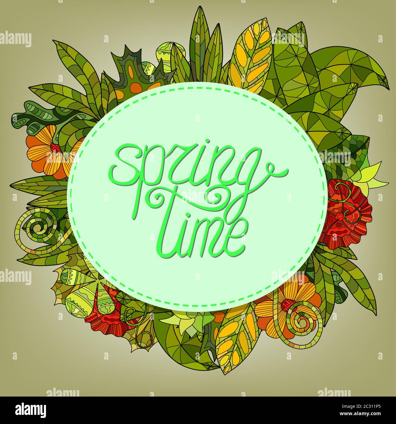 spring lettering greeting card with cartoon flowers and leaves - spring ...