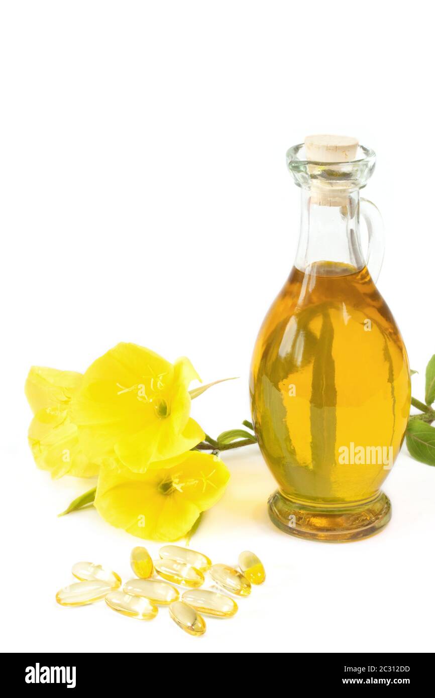 evening primrose oil with capsules Stock Photo